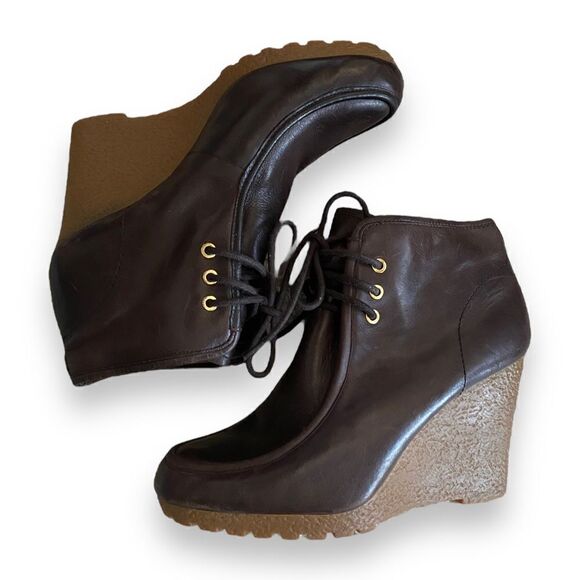 Michael Kors Brown Genuine Leather Platform Wedge Ankle Booties Size Women's 9 - Picture 1 of 7